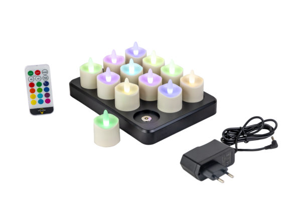 RGB LED-Waxine/theelichtjes oplaadbaar waterdicht DORSETTO (12 stuks) met afstandsbediening