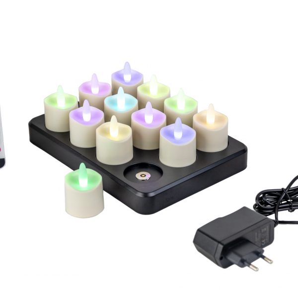 RGB LED-Waxine/theelichtjes oplaadbaar waterdicht DORSETTO (12 stuks) met afstandsbediening