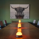 Verschillende formaten tafellampen op een tafel met op de achtergrond een zwart wit foto van een Schotse Hooglander