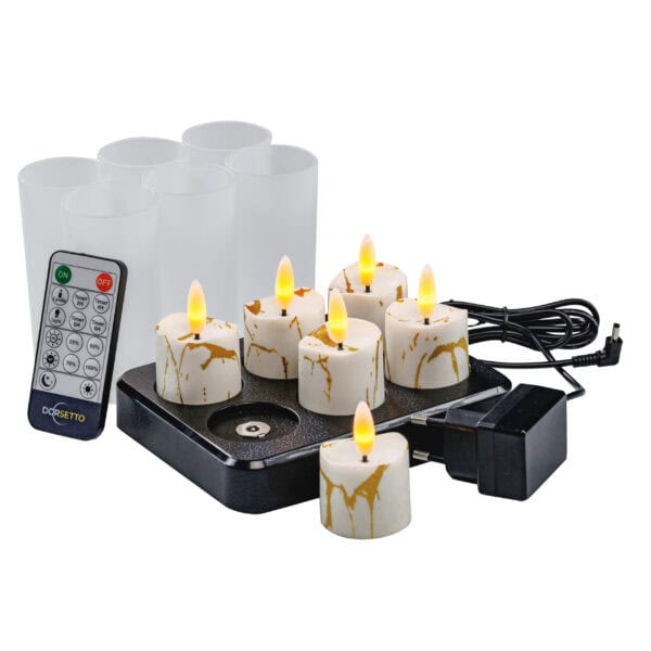 6 waxine lichtjes met een afstandsbediening en met een laad kabel en oplaatstation