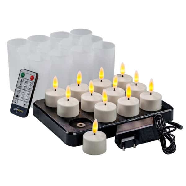 12 mooie LED-waxinelichtjes op een oplaadstation met afstandsbediening en lader.